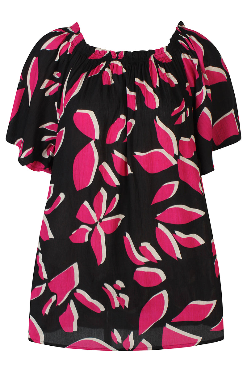 Viskoosimekko S–XXL – pinkki-musta mekko, pehmeä ja hyvin laskeutuva, rinnanympärys 108–140 cm, sopii monen kokoisille